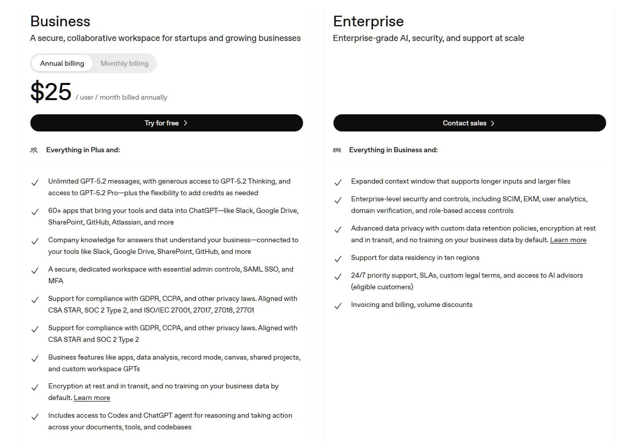 ChatGPT Team and Enterprise pricing for business users