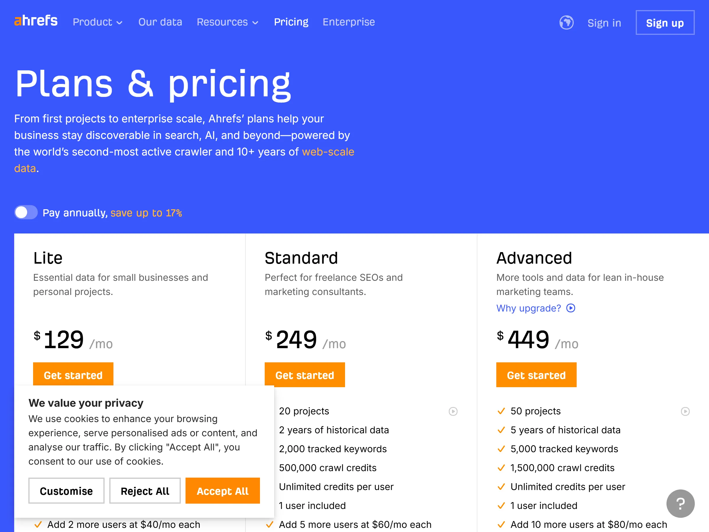 Ahrefs pricing page showing Lite, Standard, Advanced, and Enterprise plans
