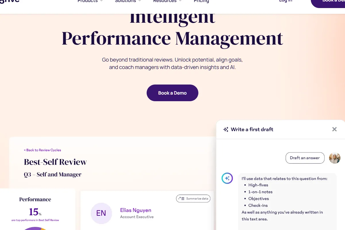 15Five Perform product page showing performance management and review features