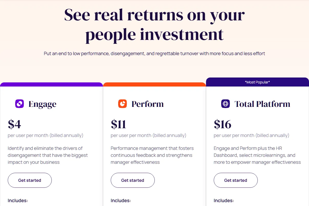 15Five pricing page showing Engage, Perform, and Total Platform tiers as of December 2025