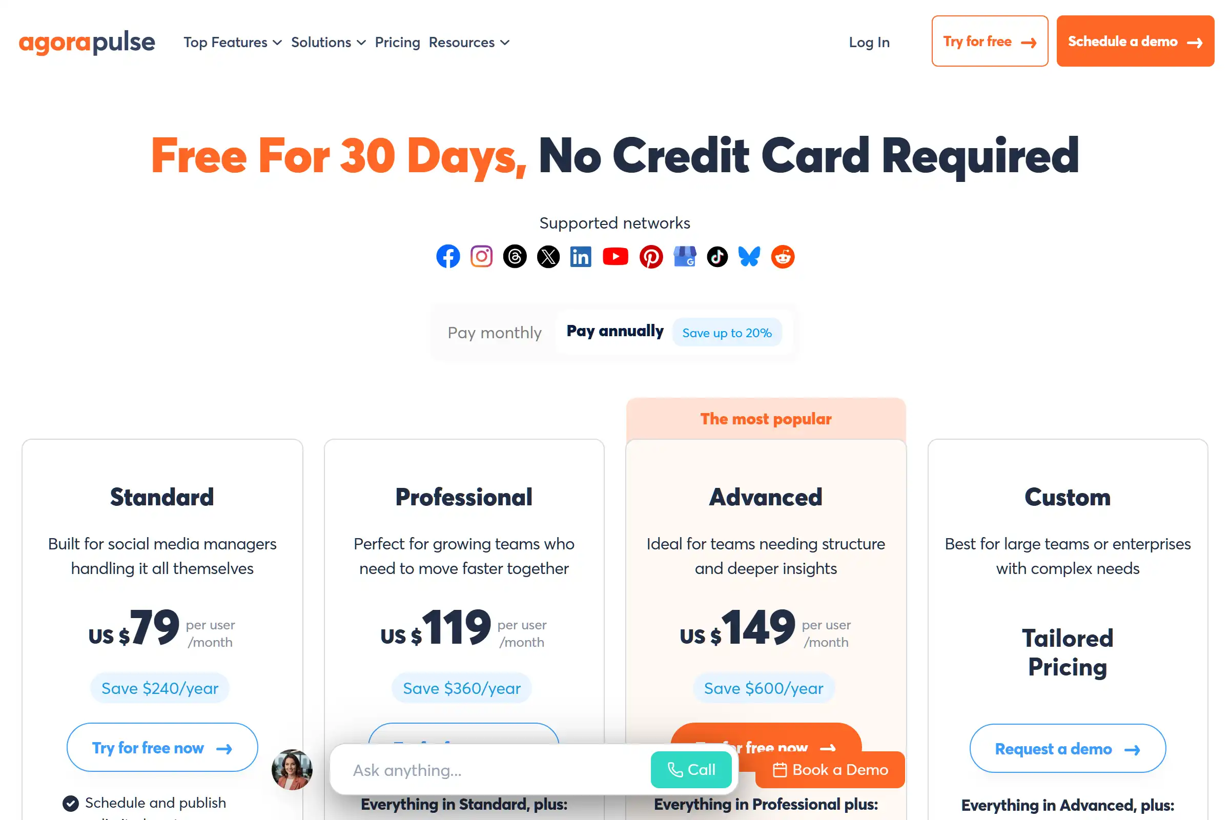 Agorapulse pricing page showing Standard, Professional, Advanced, and Custom plans