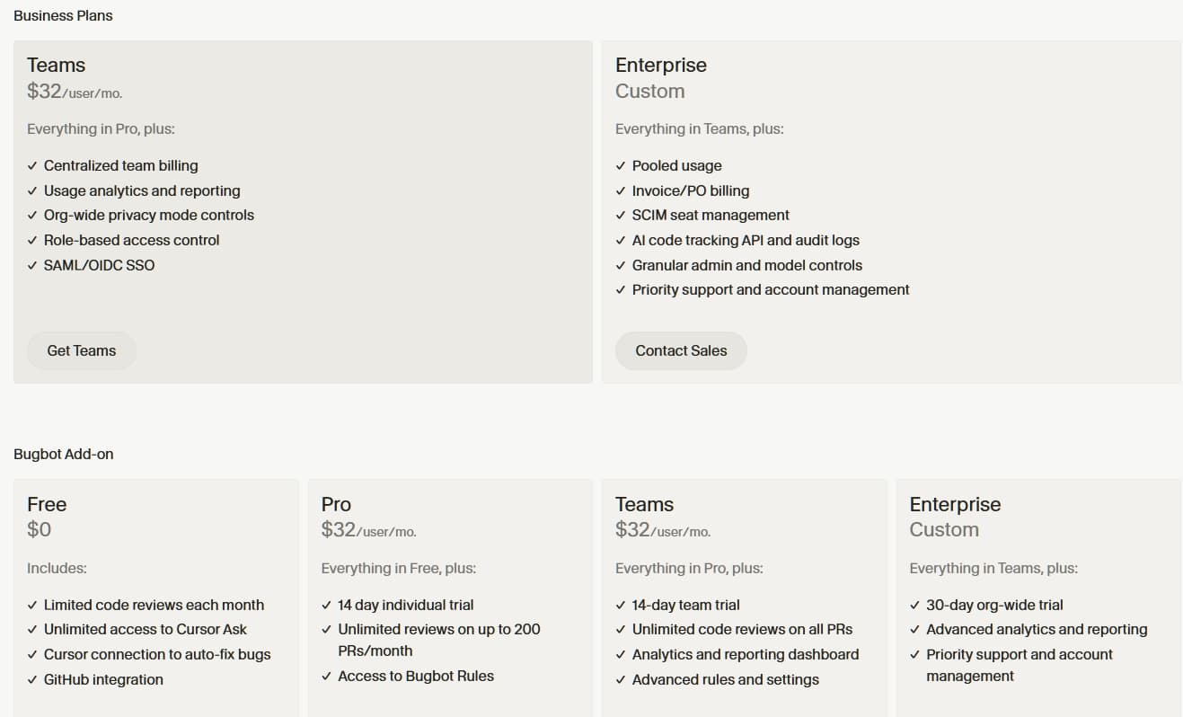 Cursor Business Plans and Bugbot Add-on Pricing
