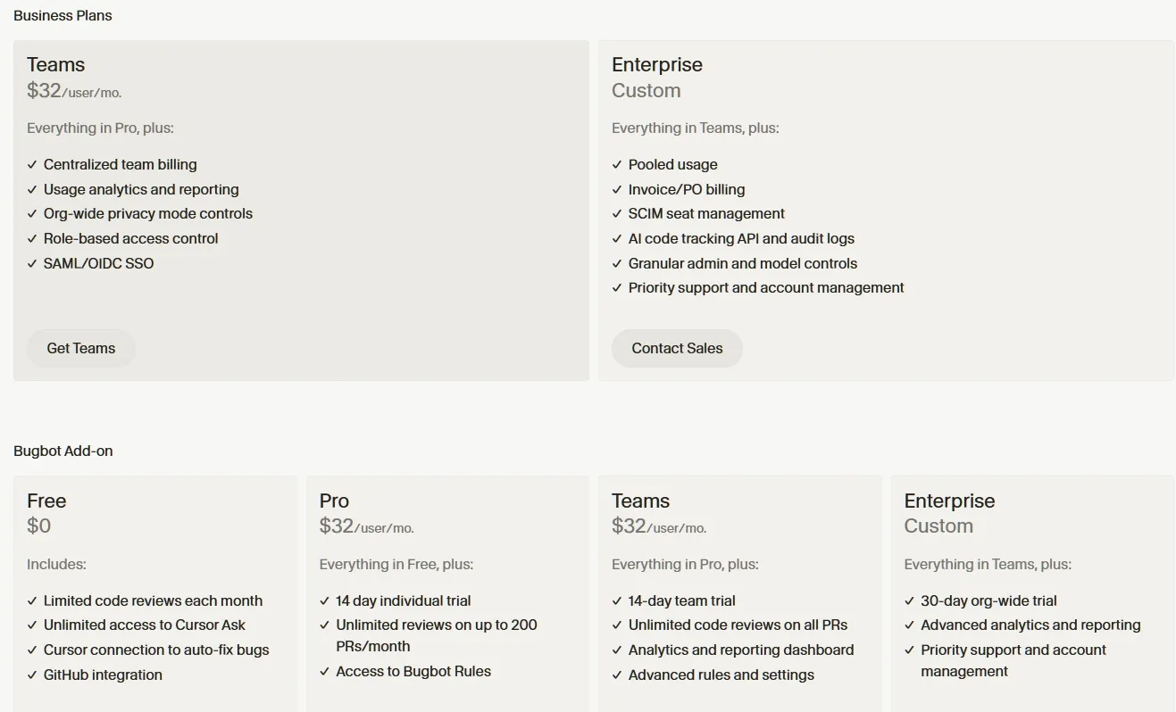 Cursor Business Plans and Bugbot Add-on Pricing