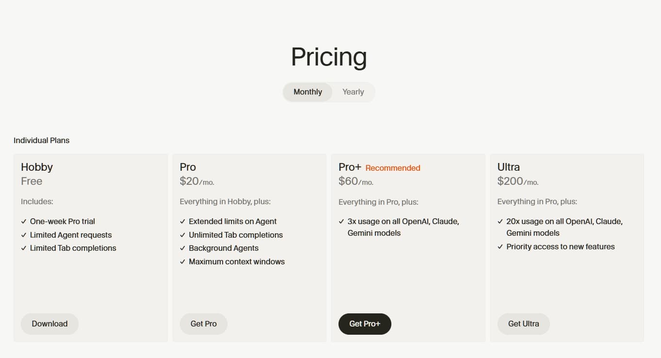 Cursor Individual Plans Monthly Pricing - Hobby Free, Pro $20, Pro+ $60, Ultra $200