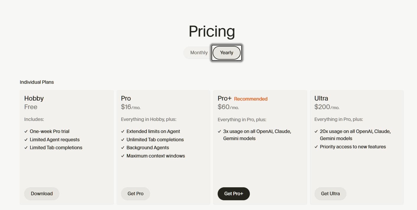 Cursor Individual Plans Yearly Pricing with annual discounts