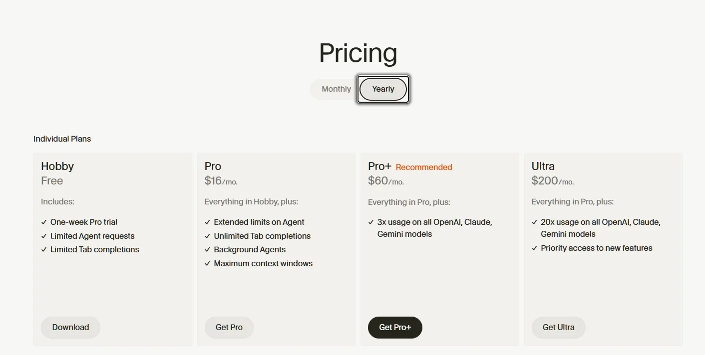Cursor Individual Plans Yearly Pricing with annual discounts