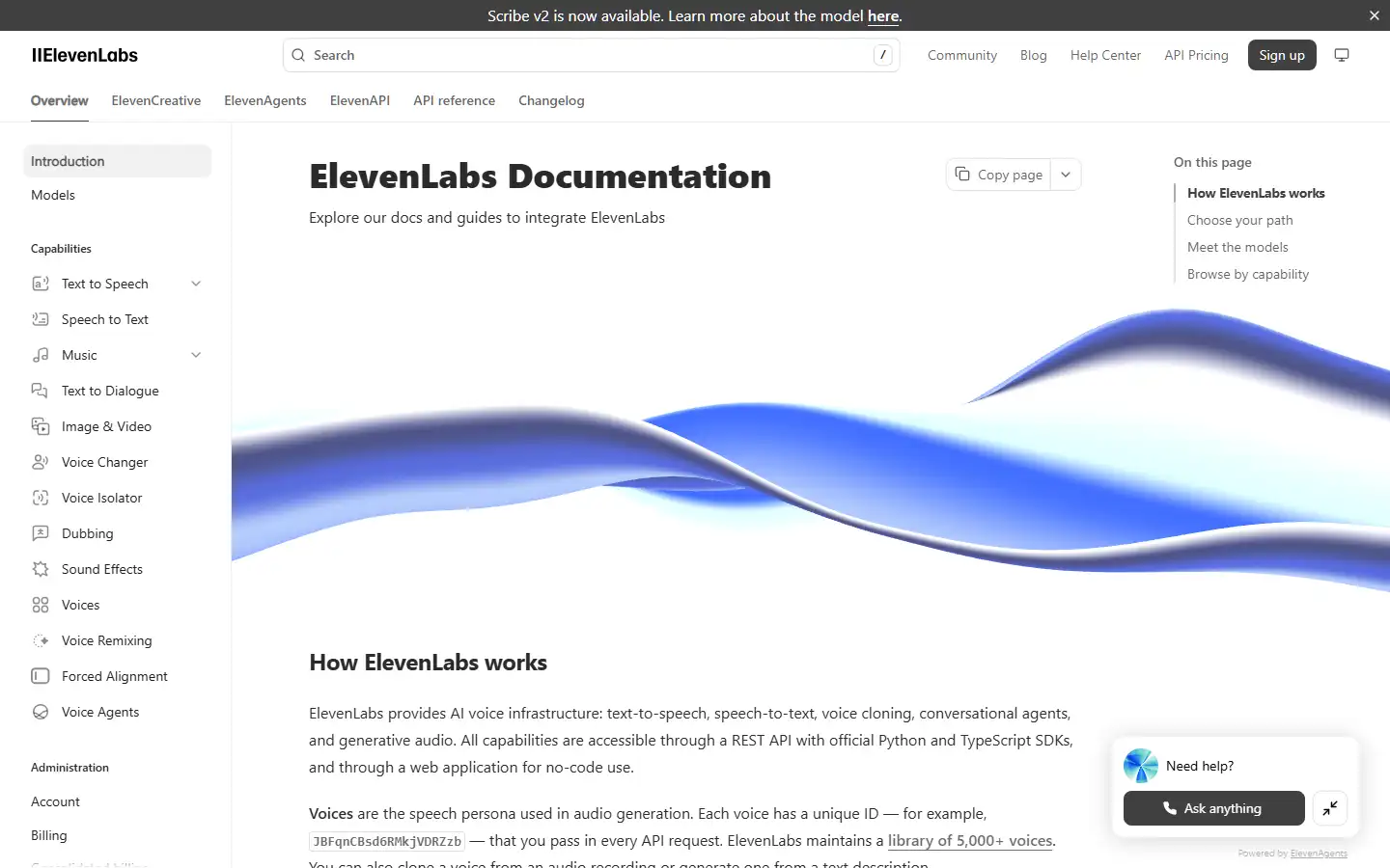 ElevenLabs API documentation showing developer integration options for text-to-speech and voice cloning