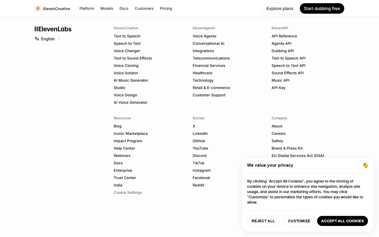 ElevenLabs AI dubbing feature page showing automatic video translation and voice-over capabilities