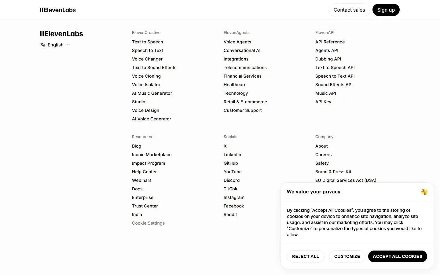 ElevenLabs homepage showing AI voice generation platform with text-to-speech, voice cloning, and dubbing features
