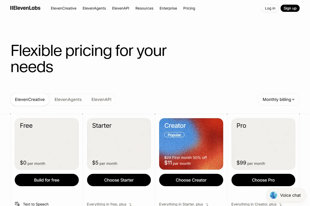 ElevenLabs pricing page showing Free ($0), Starter ($5/mo), Creator ($22/mo with 50% off first month), and Pro ($99/mo) plans for ElevenCreative