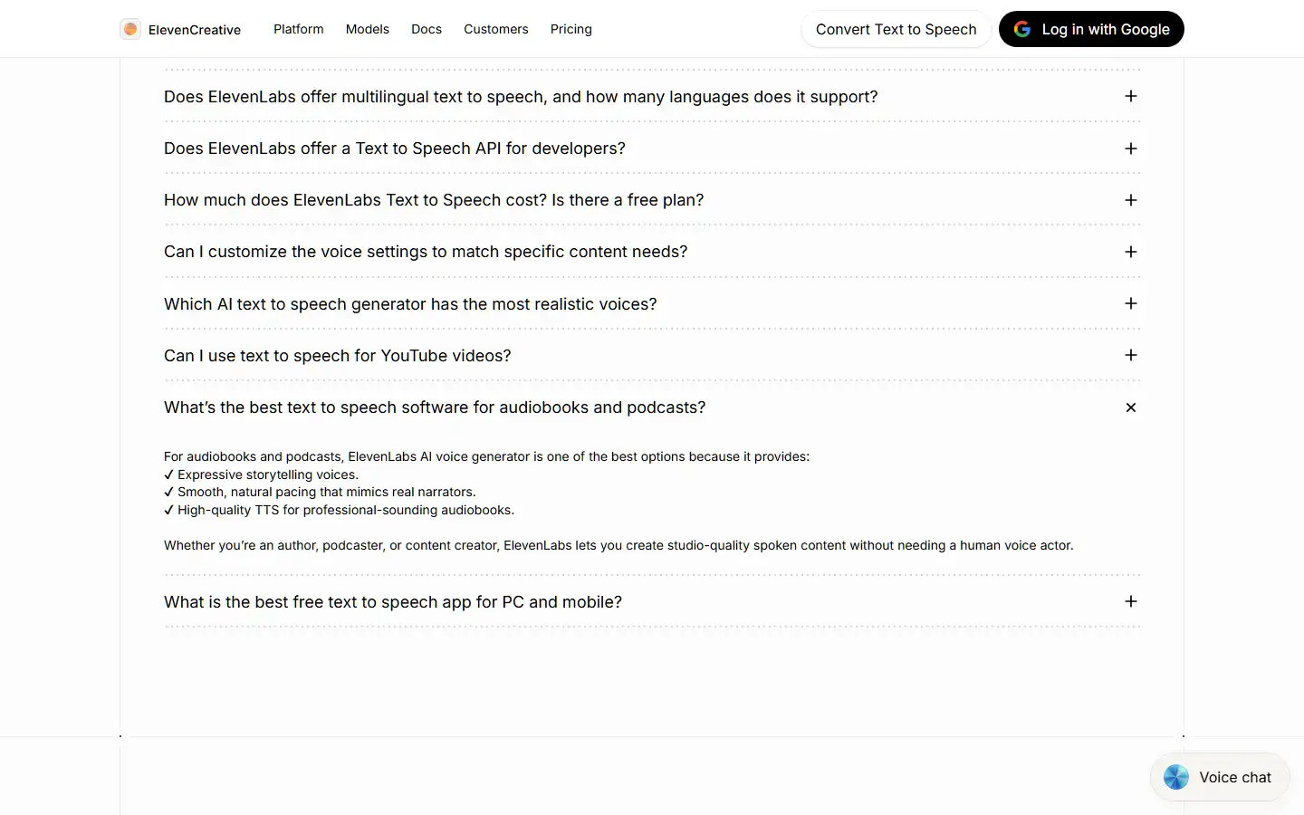 ElevenLabs text-to-speech product page showing natural-sounding AI voice generation capabilities