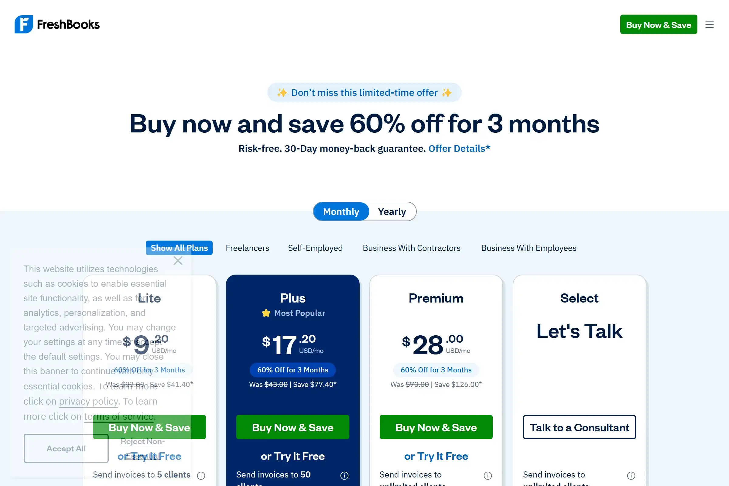FreshBooks pricing page showing Lite ($19/mo), Plus ($33/mo), Premium ($70/mo), and Select plans with 90% off promo
