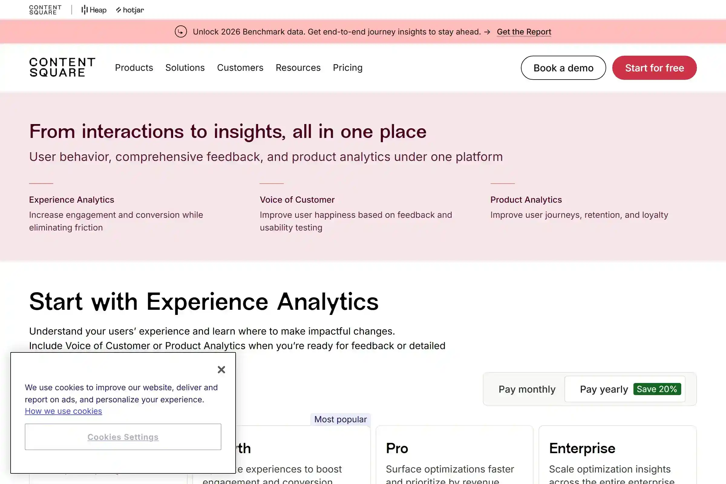 Contentsquare pricing page (formerly Hotjar) showing Free, Growth ($49/mo), Pro, and Enterprise plans for Experience Analytics