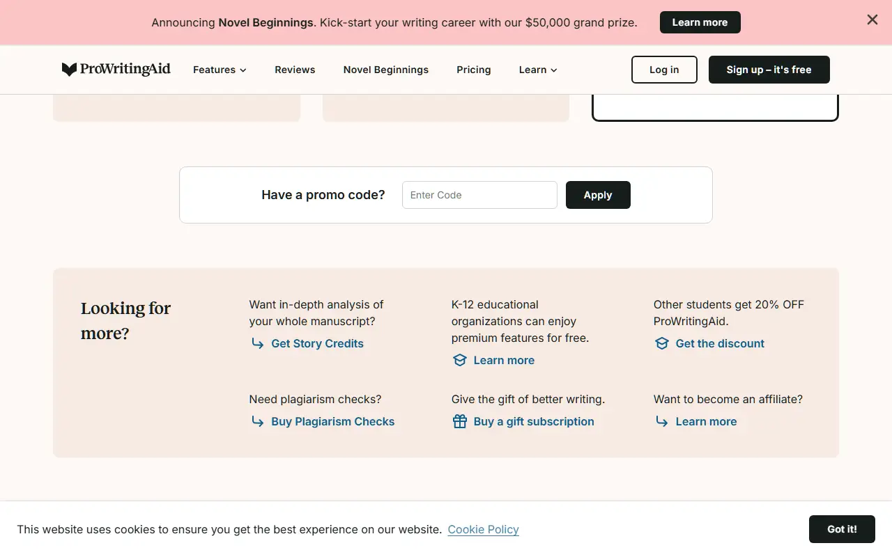 ProWritingAid pricing page add-ons: plagiarism checks, story credits, K-12 education discounts, and student 20% off