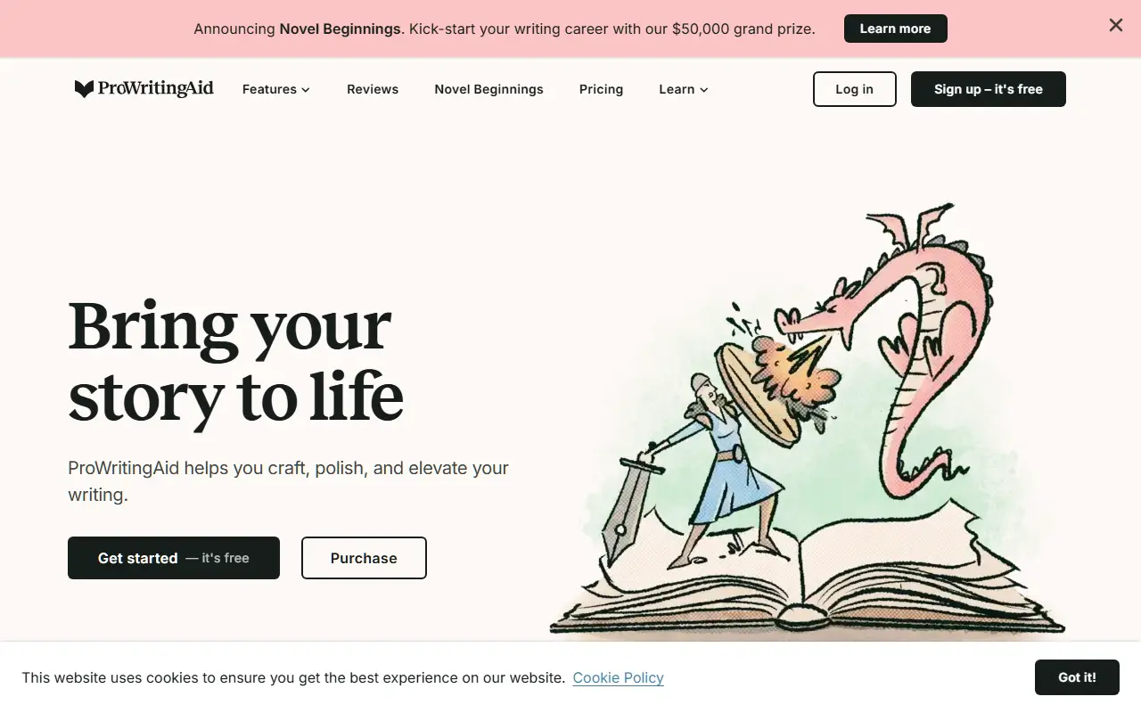 ProWritingAid homepage hero: Bring your story to life — AI writing assistant for crafting, polishing, and elevating writing