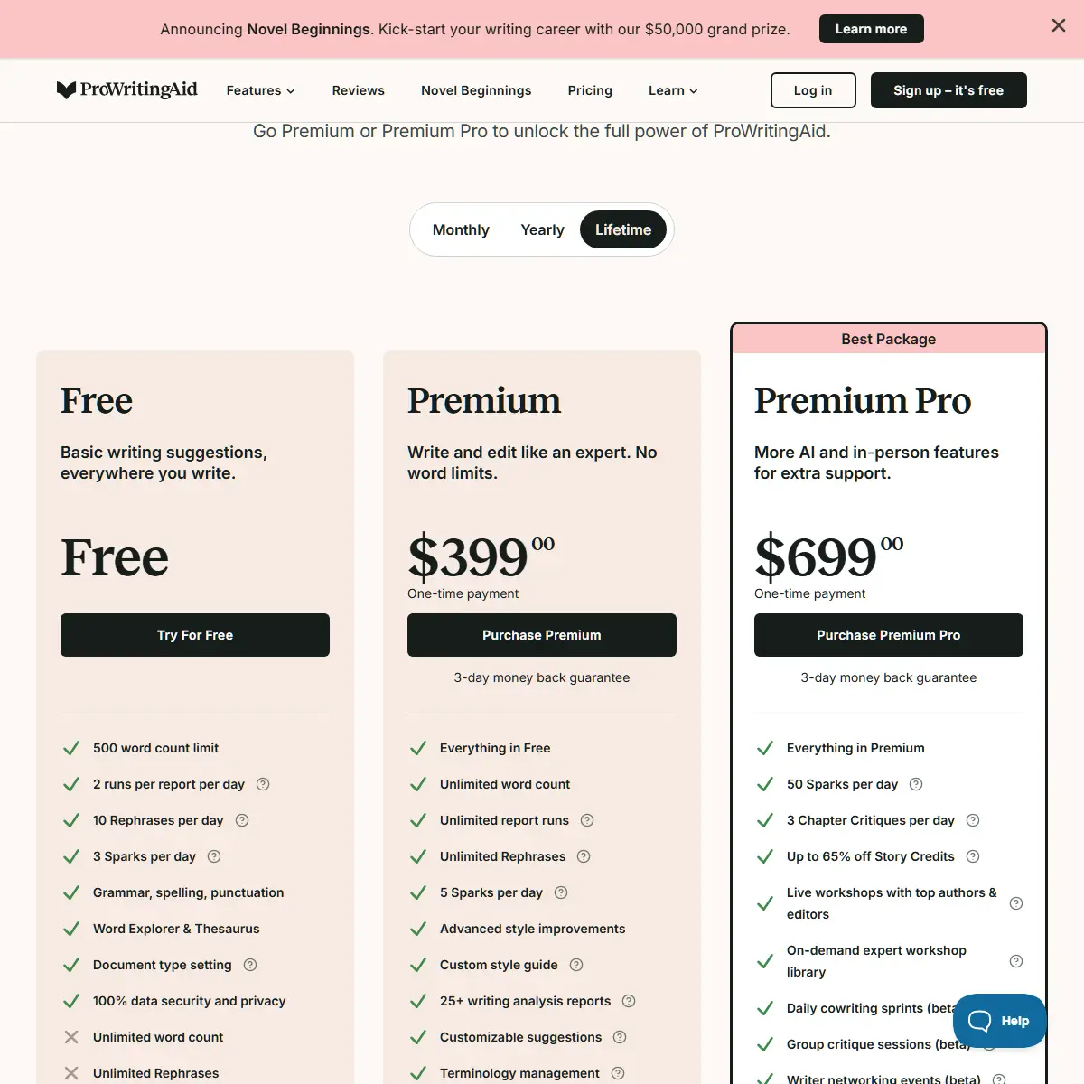 ProWritingAid lifetime pricing: Premium $399 one-time, Premium Pro $699 one-time — March 2026