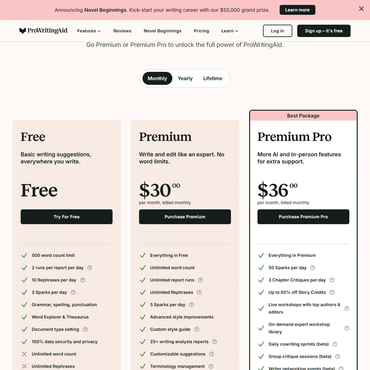 ProWritingAid monthly pricing: Free, Premium $30/month, Premium Pro $36/month — March 2026