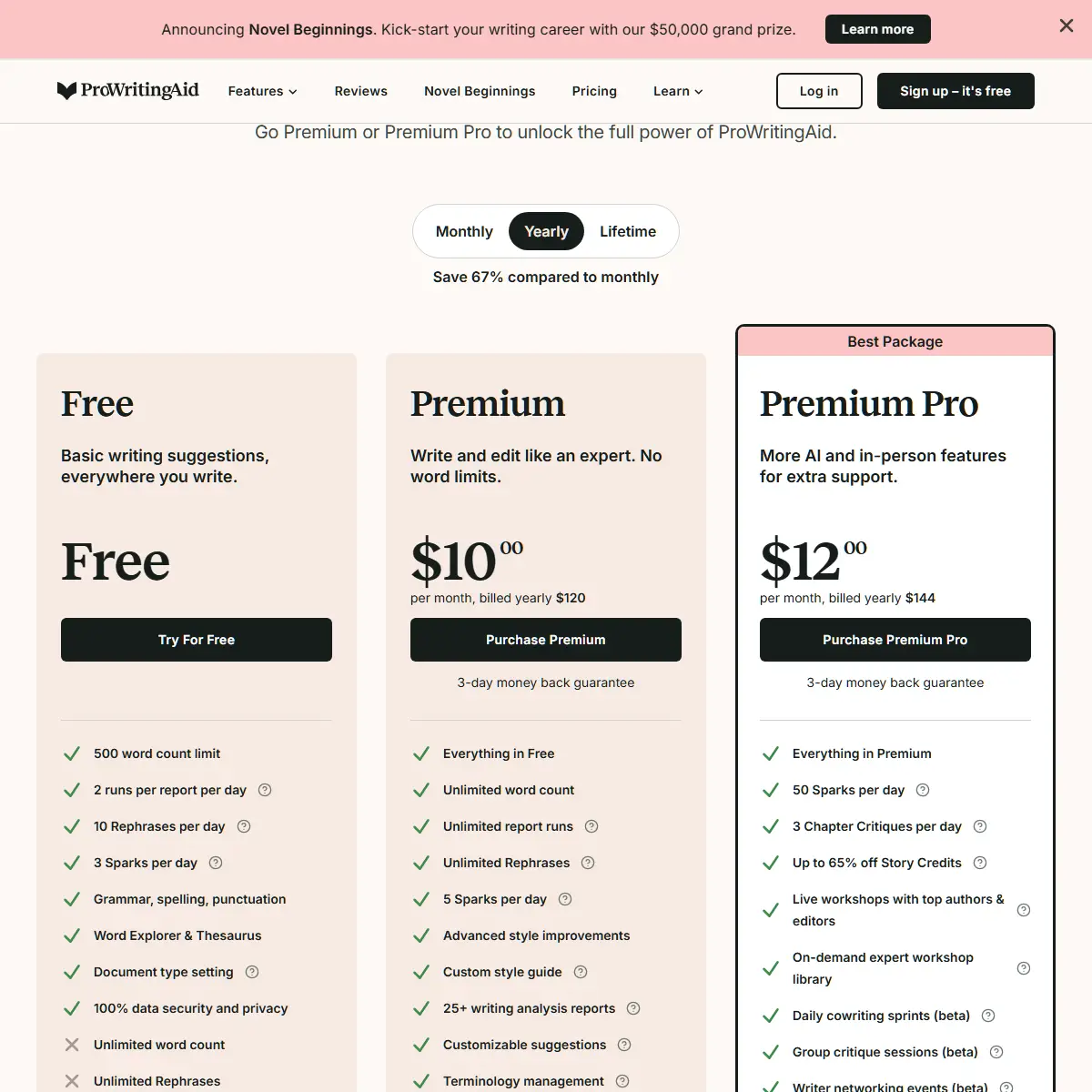 ProWritingAid yearly pricing: Premium $10/month ($120/year), Premium Pro $12/month ($144/year) — March 2026