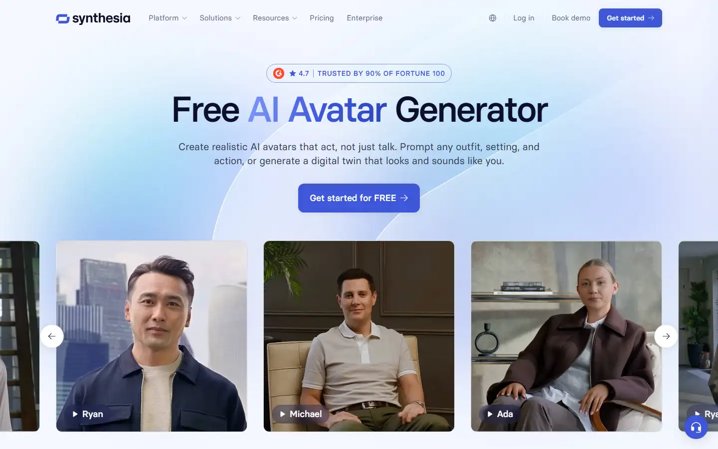 Synthesia AI avatars gallery showing diverse digital presenters available for video creation