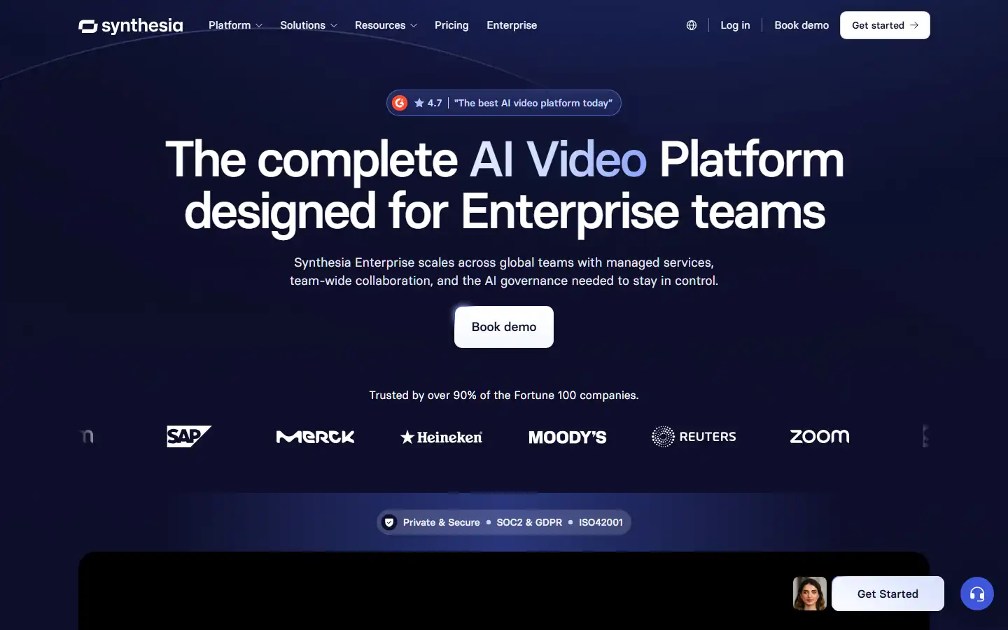 Synthesia enterprise page showing custom AI avatar creation, SSO, priority support, and dedicated account management