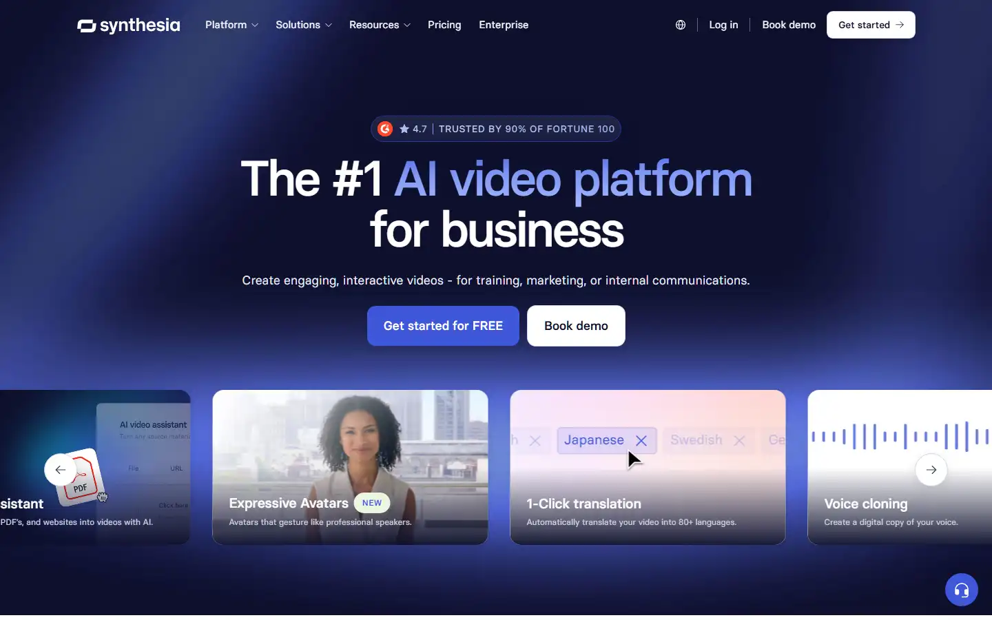 Synthesia features page showing AI video creation tools including avatars, templates, and multi-language support