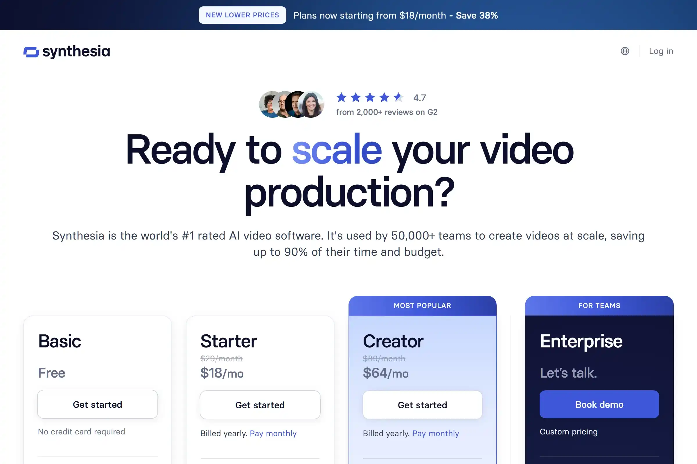 Synthesia pricing page showing Basic (Free), Starter ($18/mo annual), Creator ($64/mo annual), and Enterprise plans with NEW LOWER PRICES banner