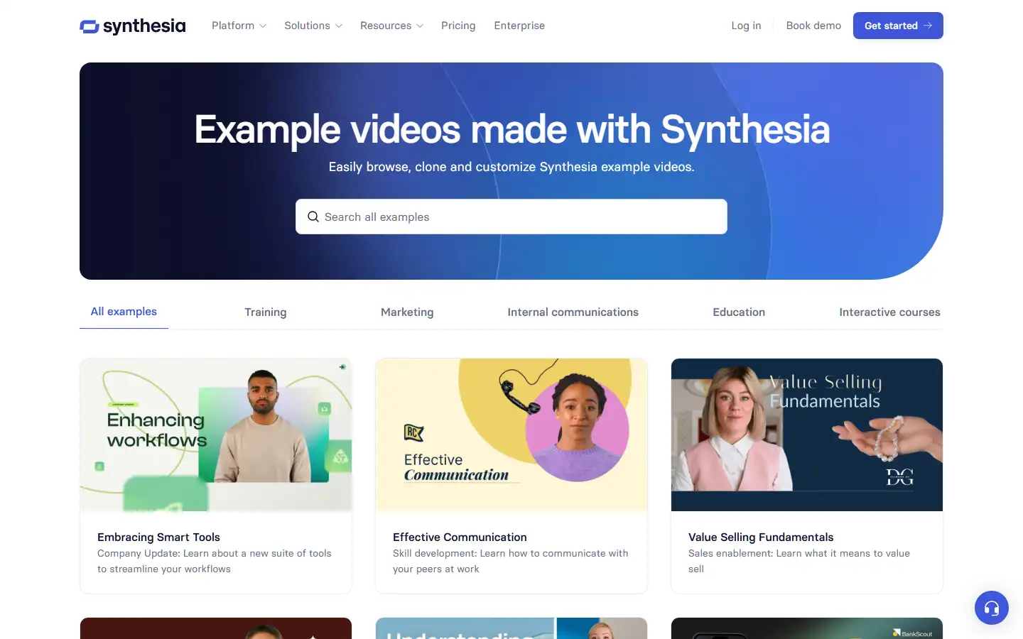 Synthesia video template library with pre-built layouts for training, marketing, and corporate communications