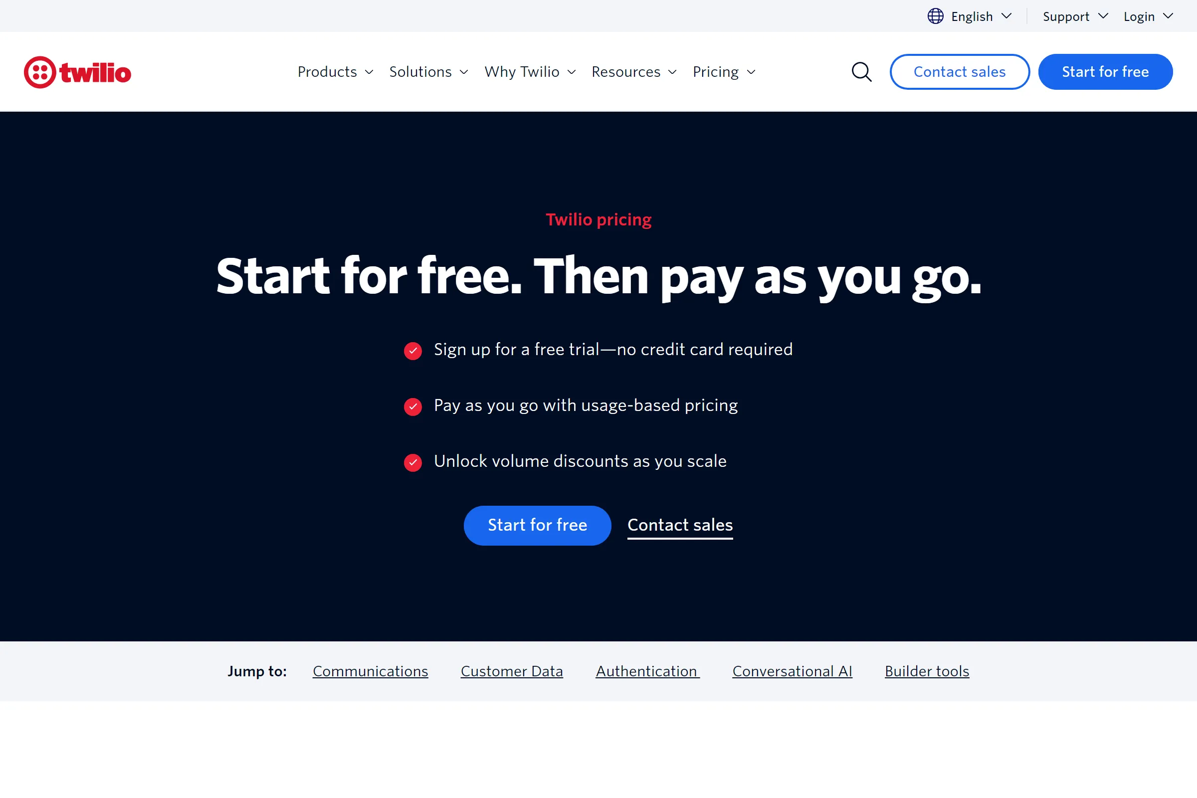 Twilio pricing page showing SMS, voice, and Verify rates
