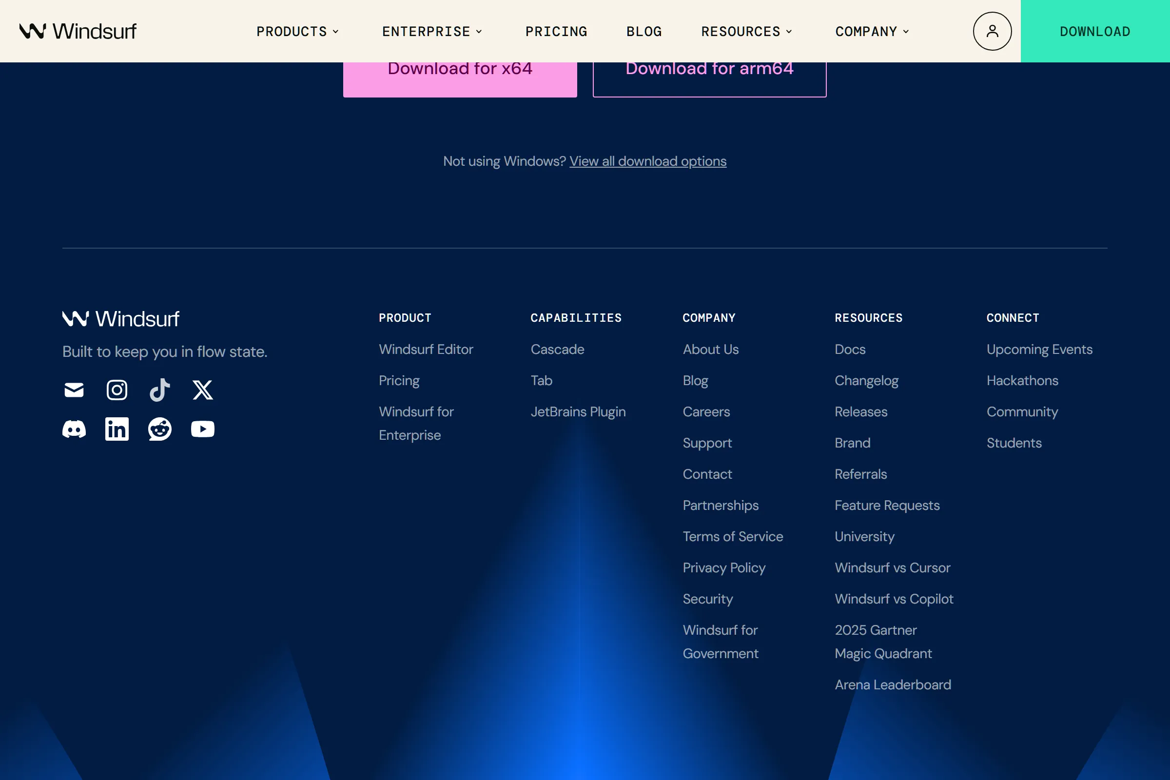 Windsurf homepage showing the AI-powered code editor built on VS Code