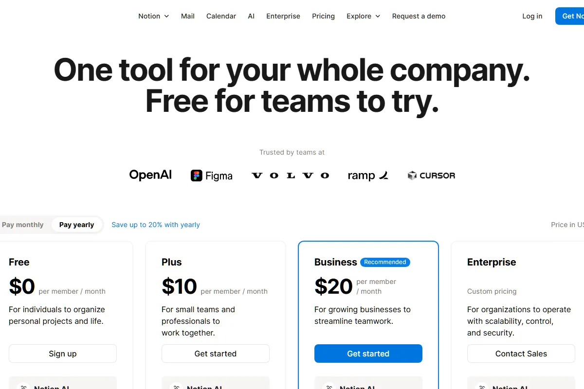 Notion pricing page from 2025 showing plan tiers and feature comparison matrix
