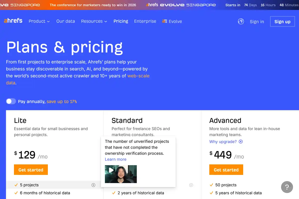 Ahrefs Pricing Plans 2026 - Trial $29/mo, Lite $129/mo, Standard $249/mo, Advanced $449/mo, Enterprise $999/mo