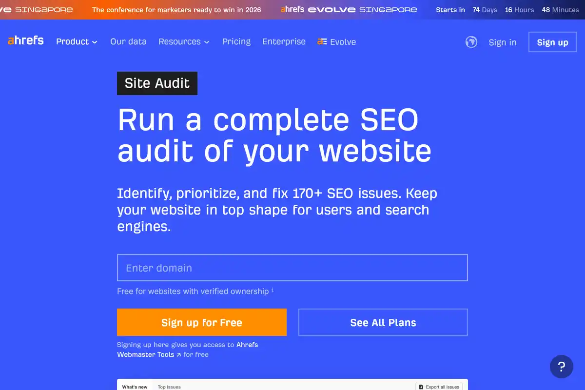 Ahrefs Site Audit dashboard showing technical SEO health score and crawl results