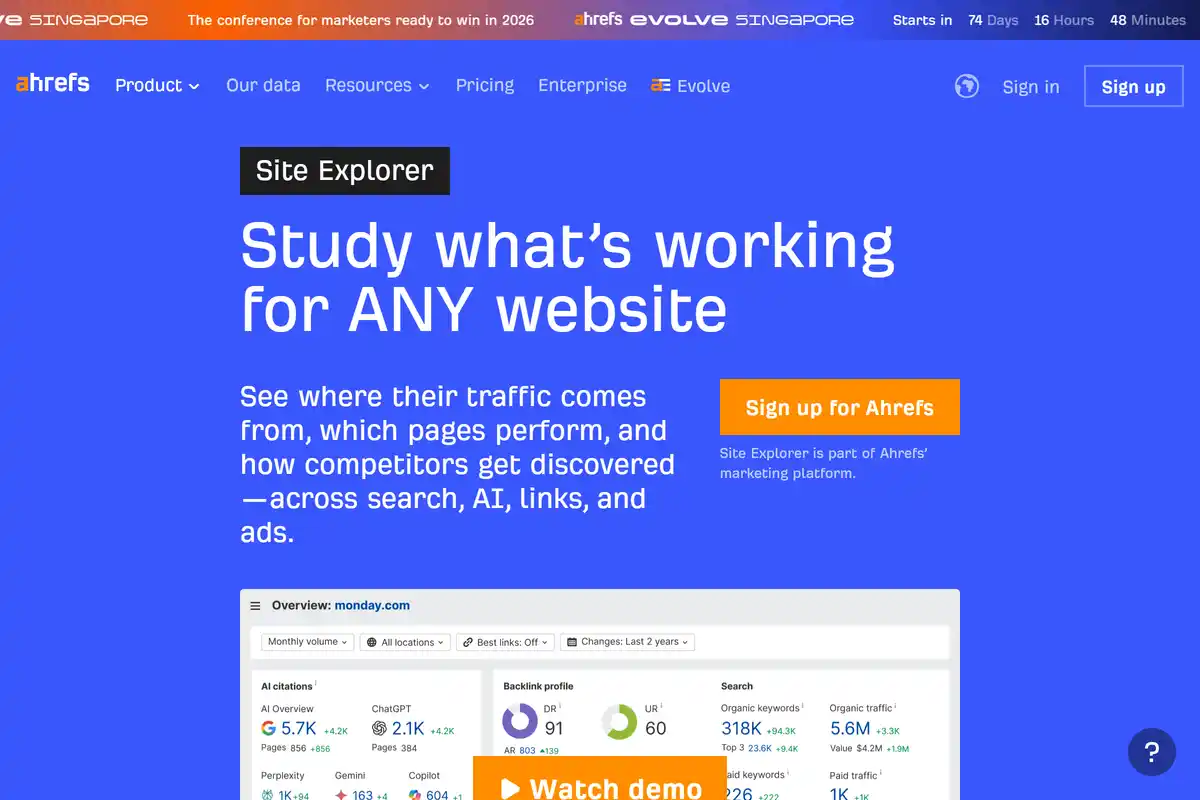 Ahrefs Site Explorer showing backlink profile analysis with referring domains and organic traffic metrics