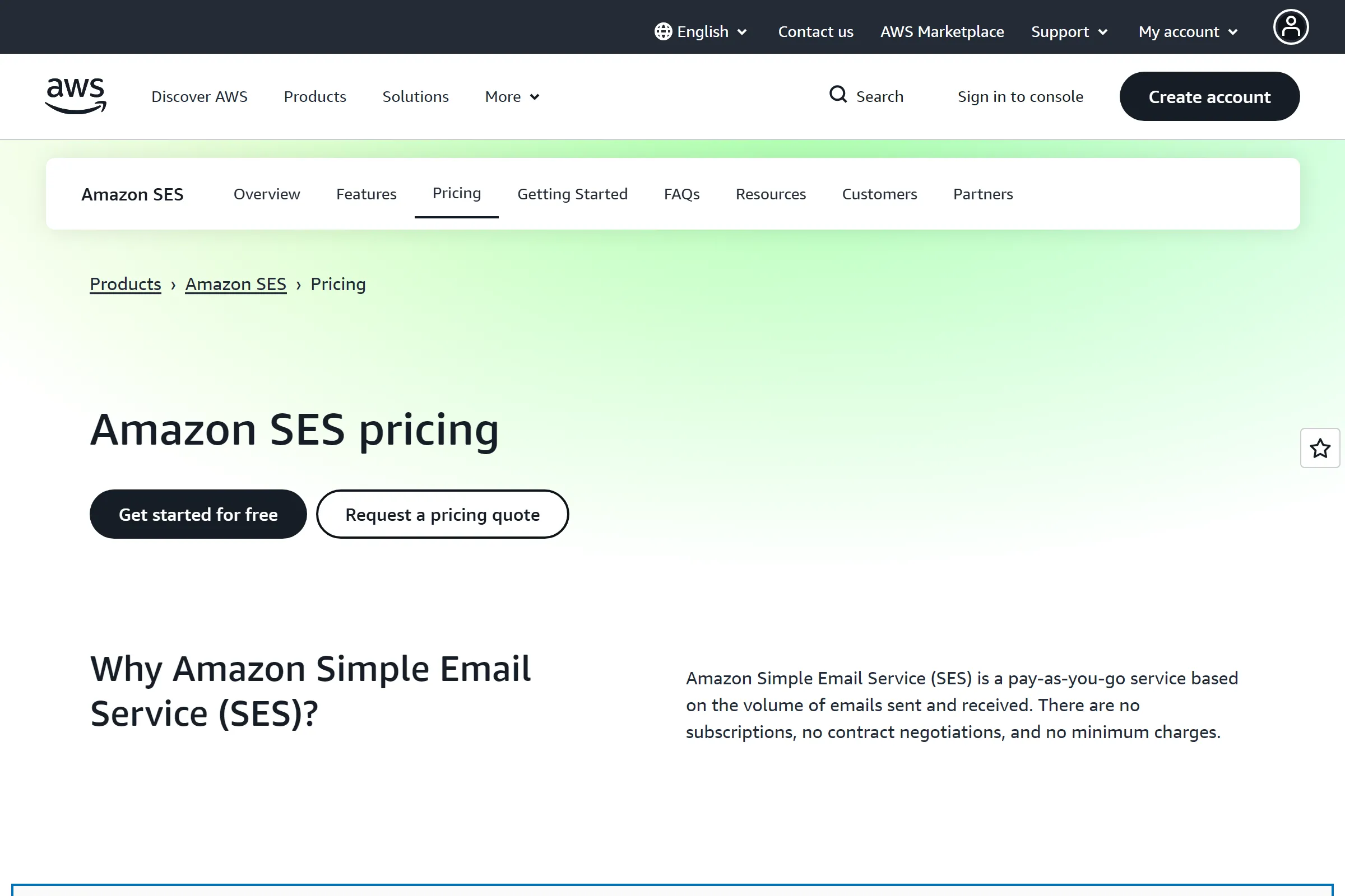 Amazon SES pricing page showing $0.10 per 1,000 emails and free tier details