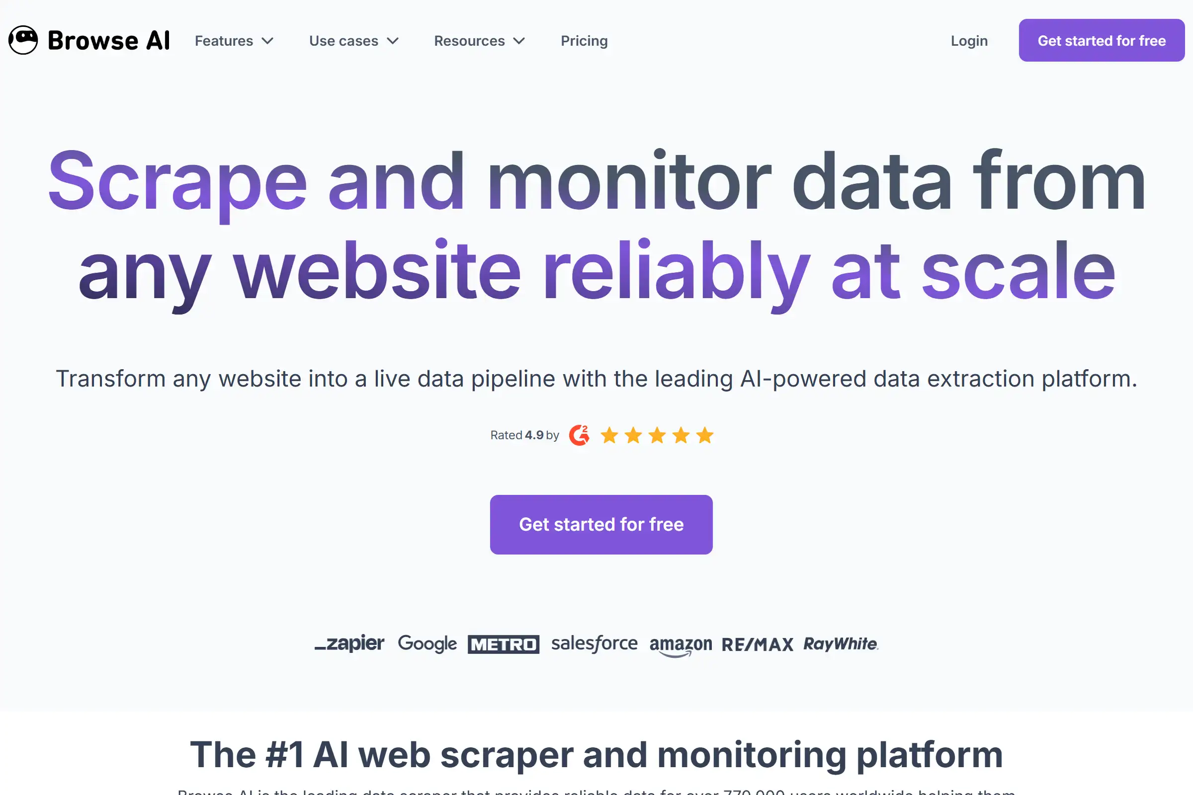 Browse AI homepage showing AI-powered web scraping platform with self-healing robots and 770,000+ users