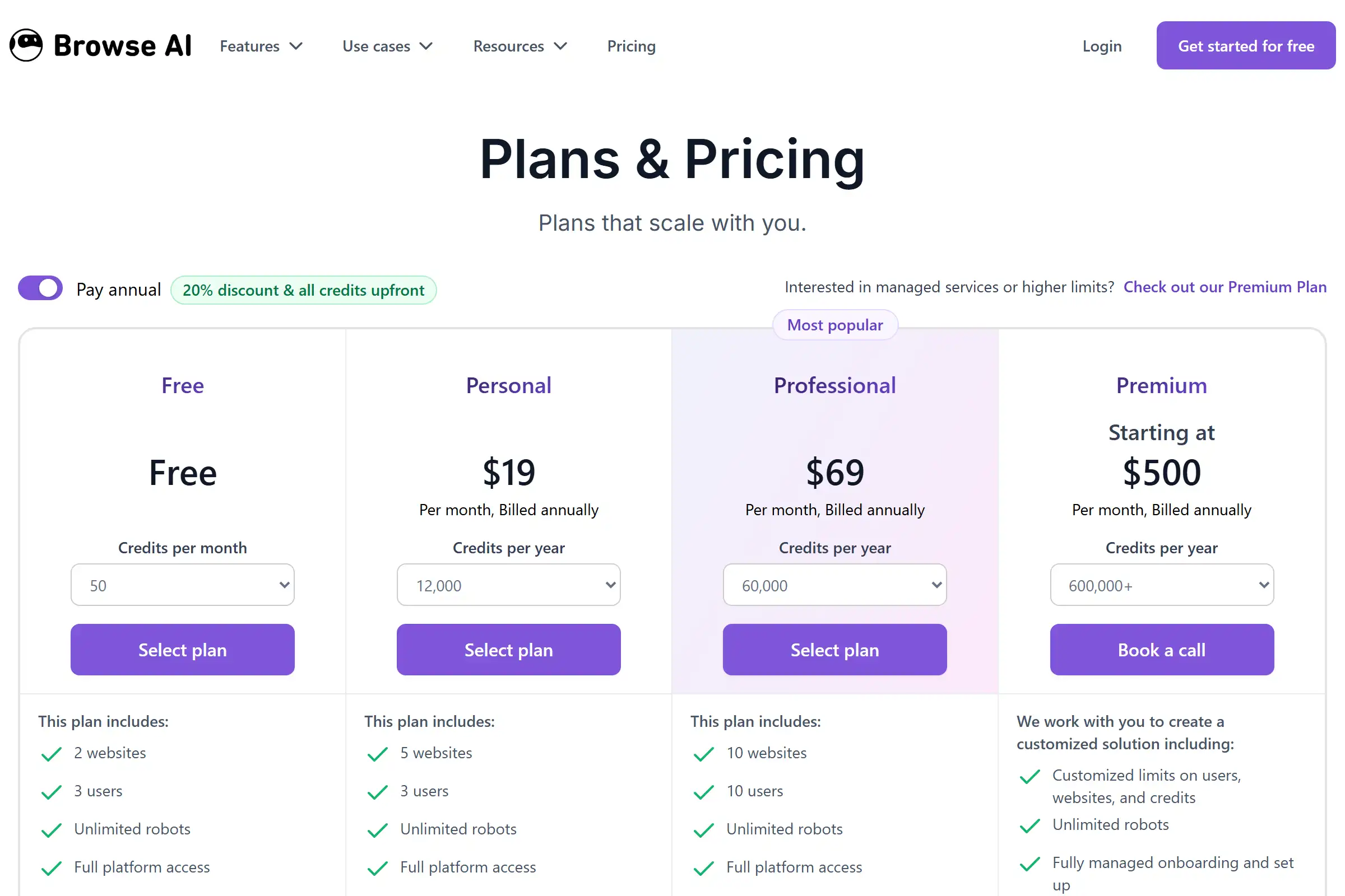 Browse AI pricing page showing Free, Personal, Professional and Premium plans with credit-based pricing in March 2026