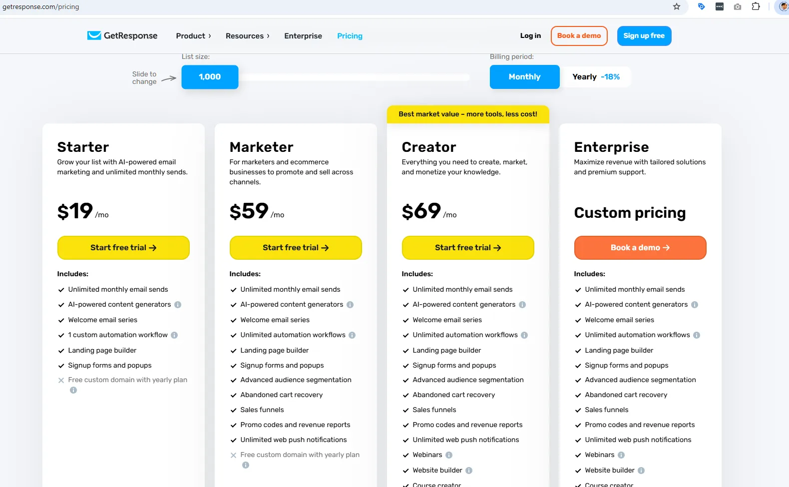 GetResponse pricing tiers comparison with feature breakdown