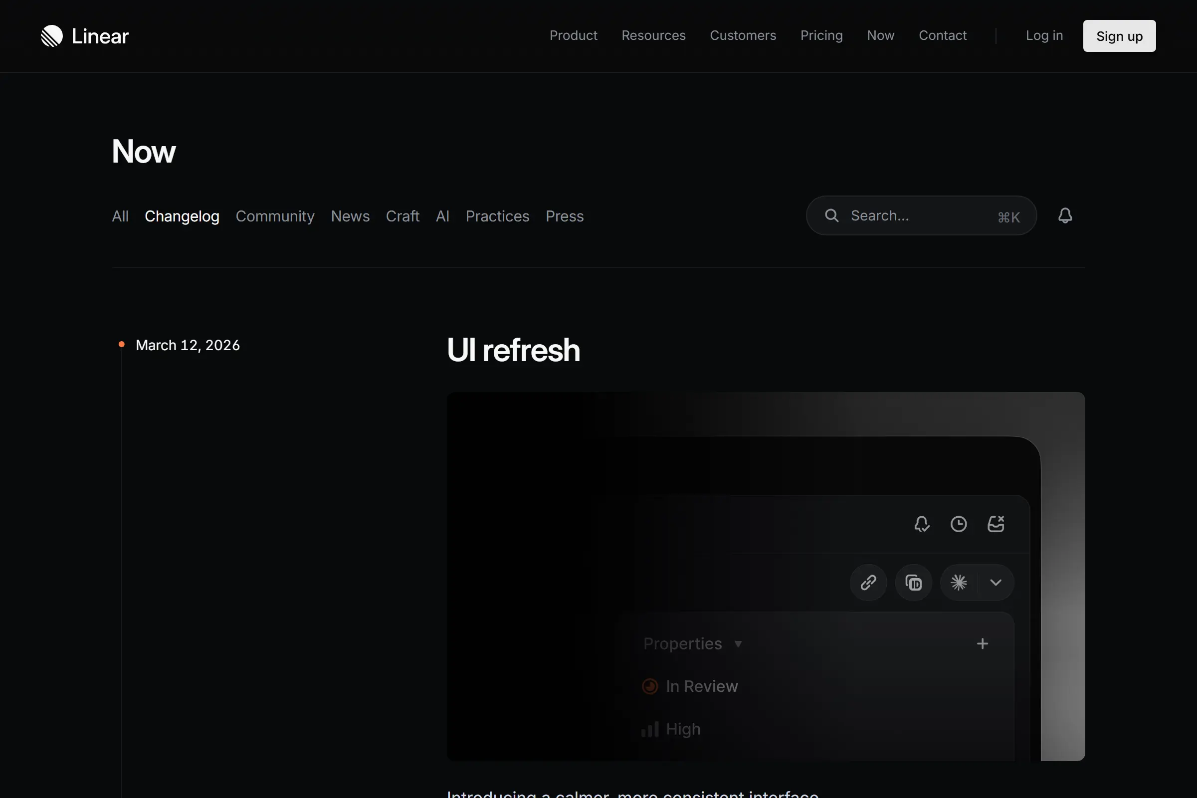 Linear changelog showing UI refresh update from March 12, 2026 with new interface design