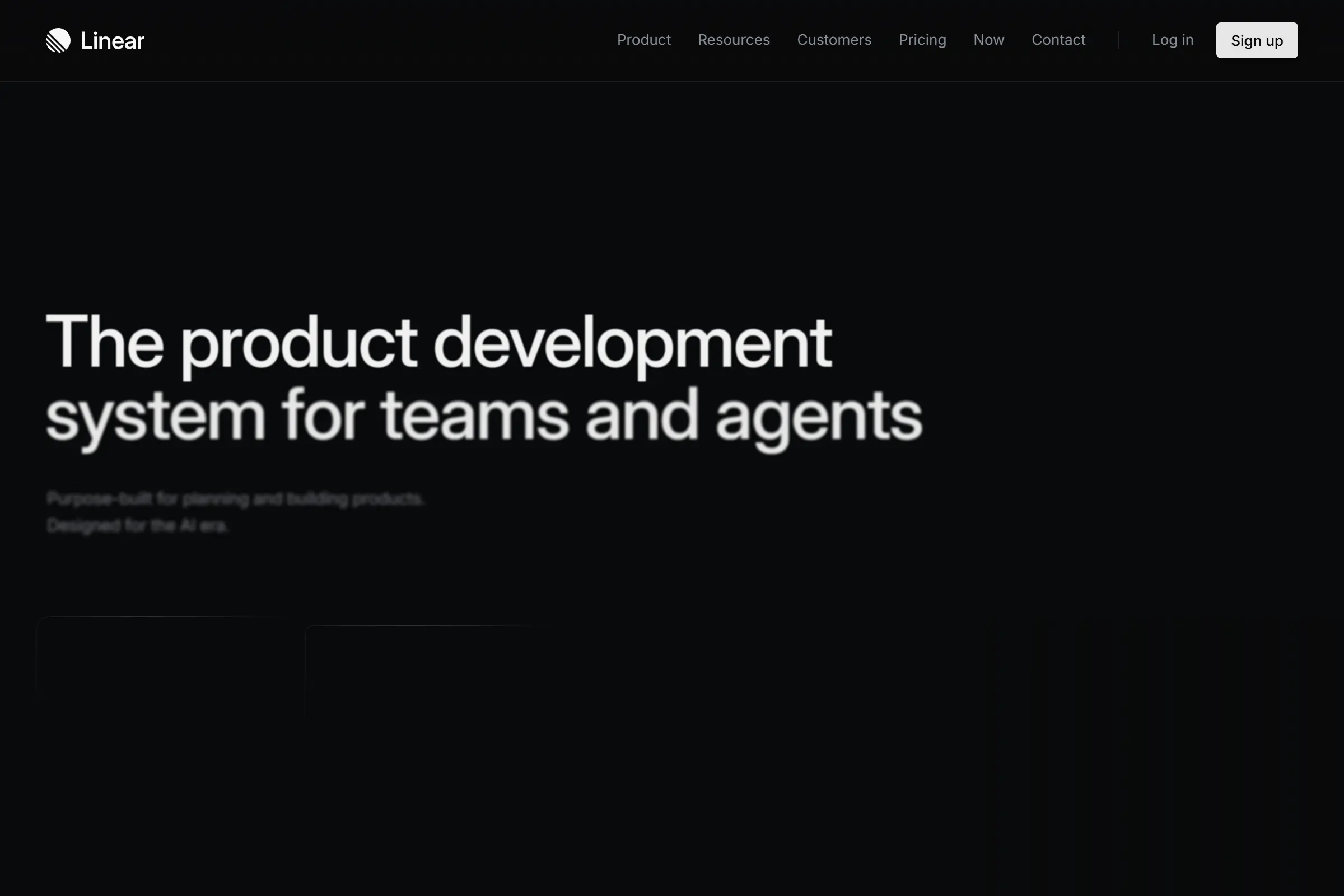 Linear homepage hero: The product development system for teams and agents — purpose-built for planning and building products, designed for the AI era