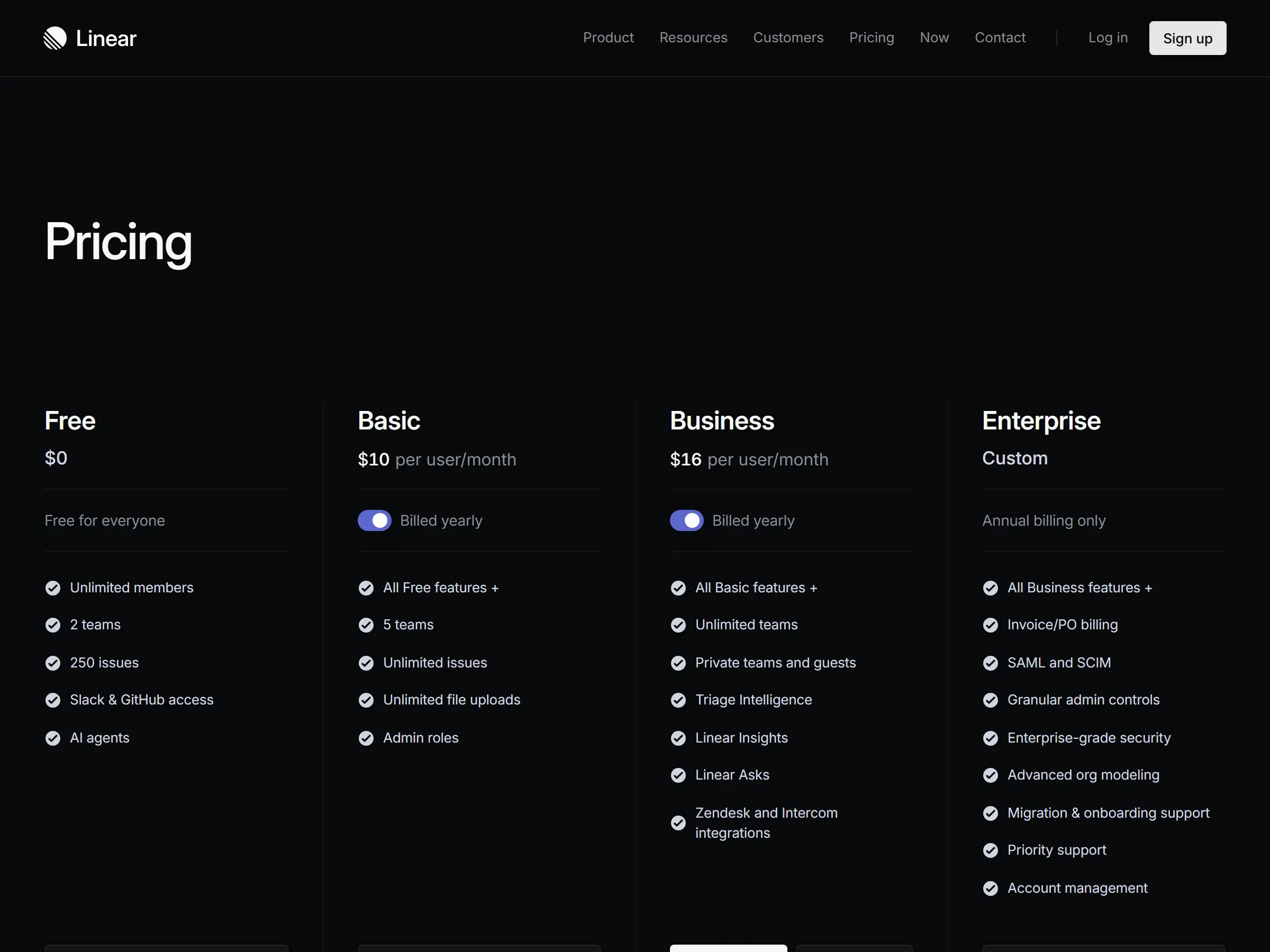 Linear pricing page full view showing all four tiers with Enterprise features: SAML/SCIM, Invoice/PO billing, Priority support, Account management — March 2026