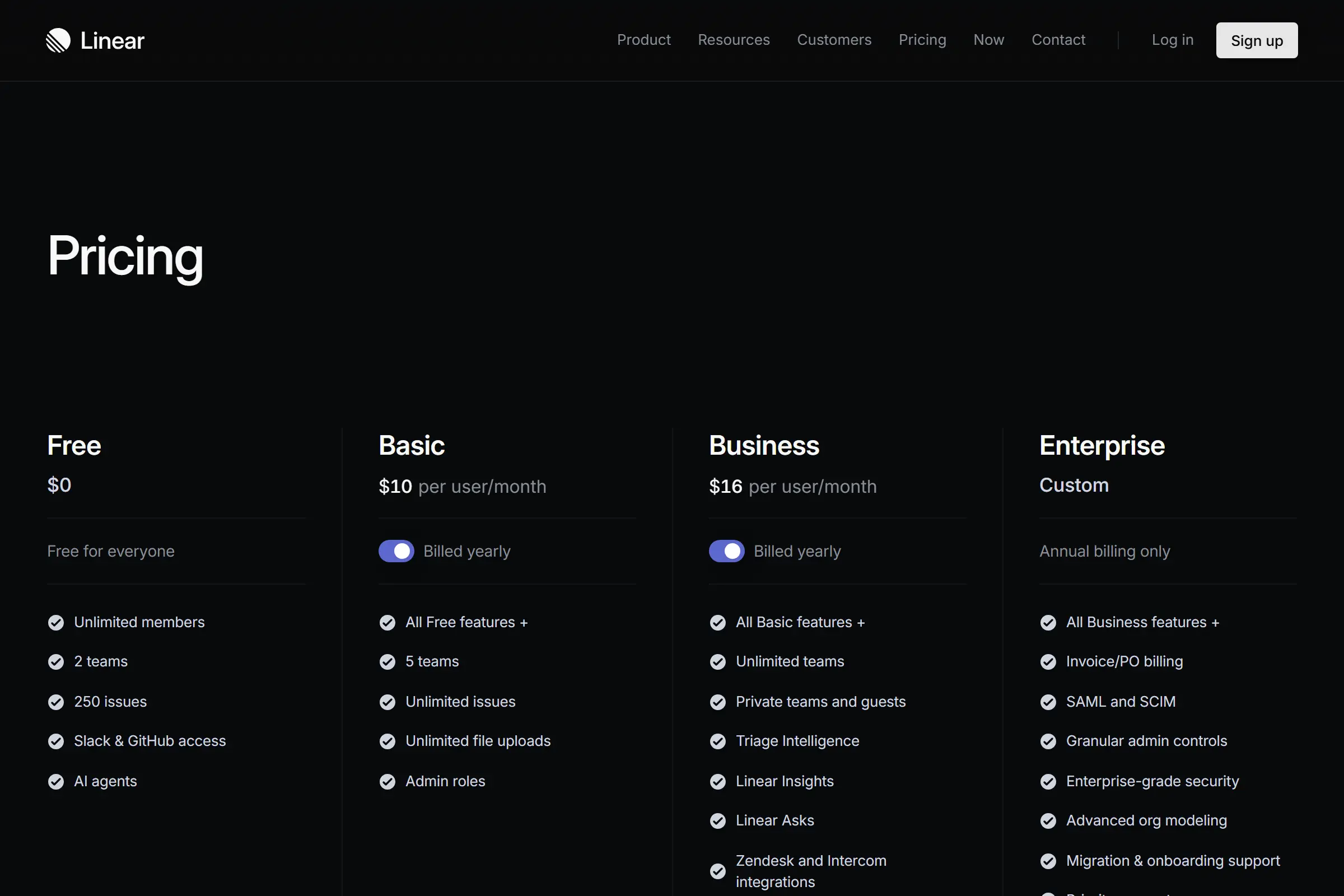 Linear pricing page showing Free ($0), Basic ($10/user/month), Business ($16/user/month), and Enterprise (custom) plans — March 2026