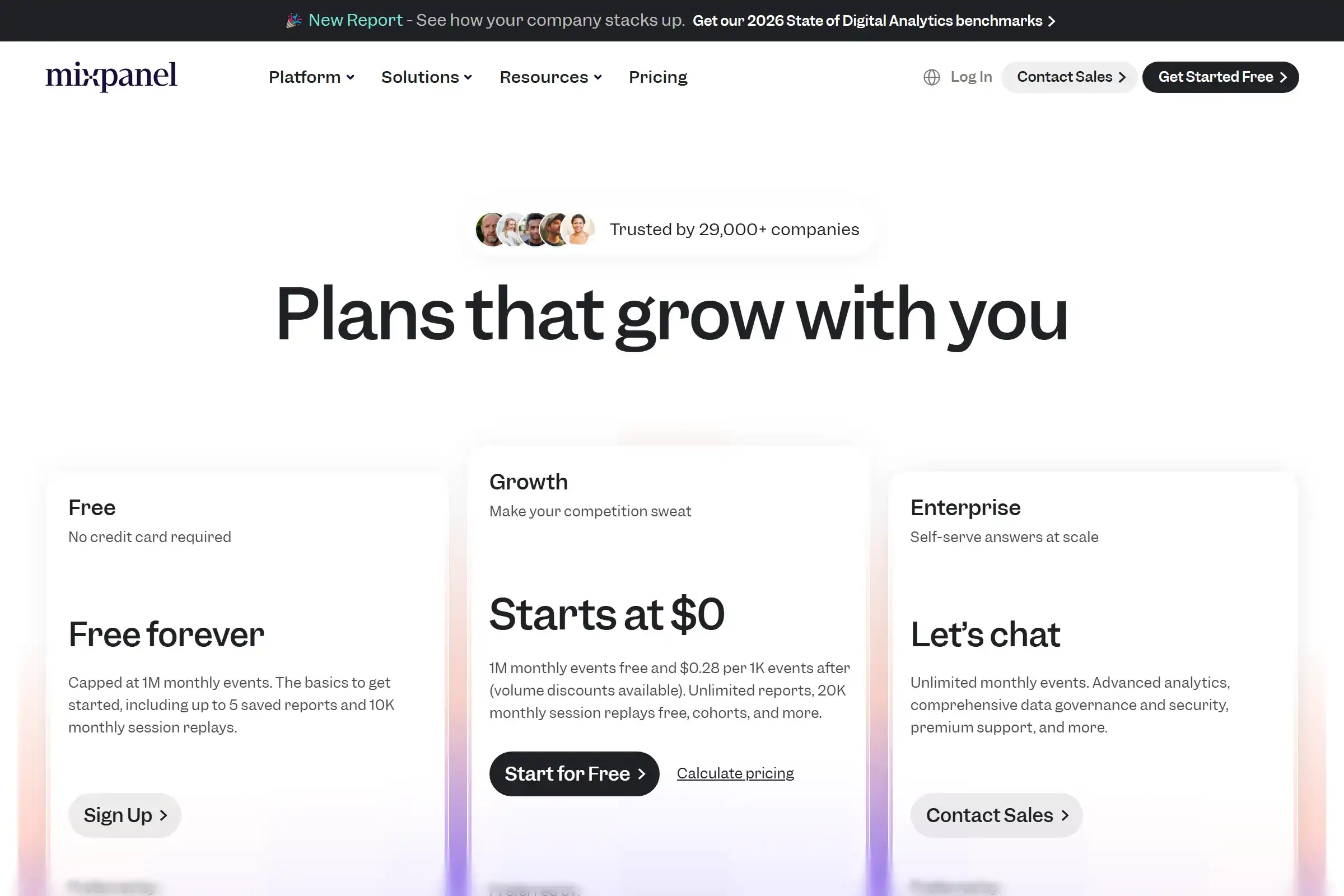 Mixpanel pricing page showing Free (1M events), Growth (from $24/mo), and Enterprise plans