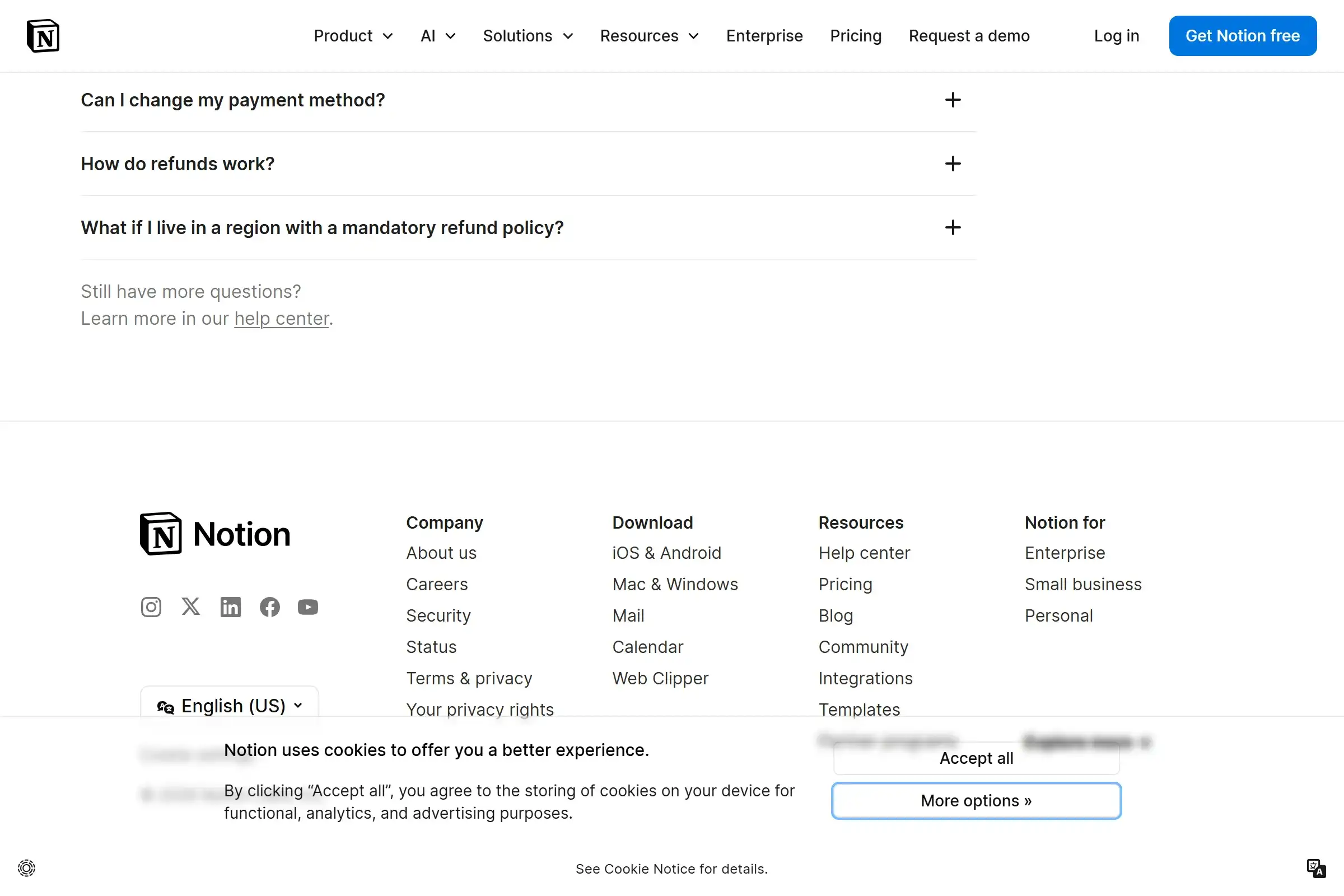 Notion pricing page showing Free, Plus ($10/user/mo), Business ($15/user/mo), and Enterprise plans