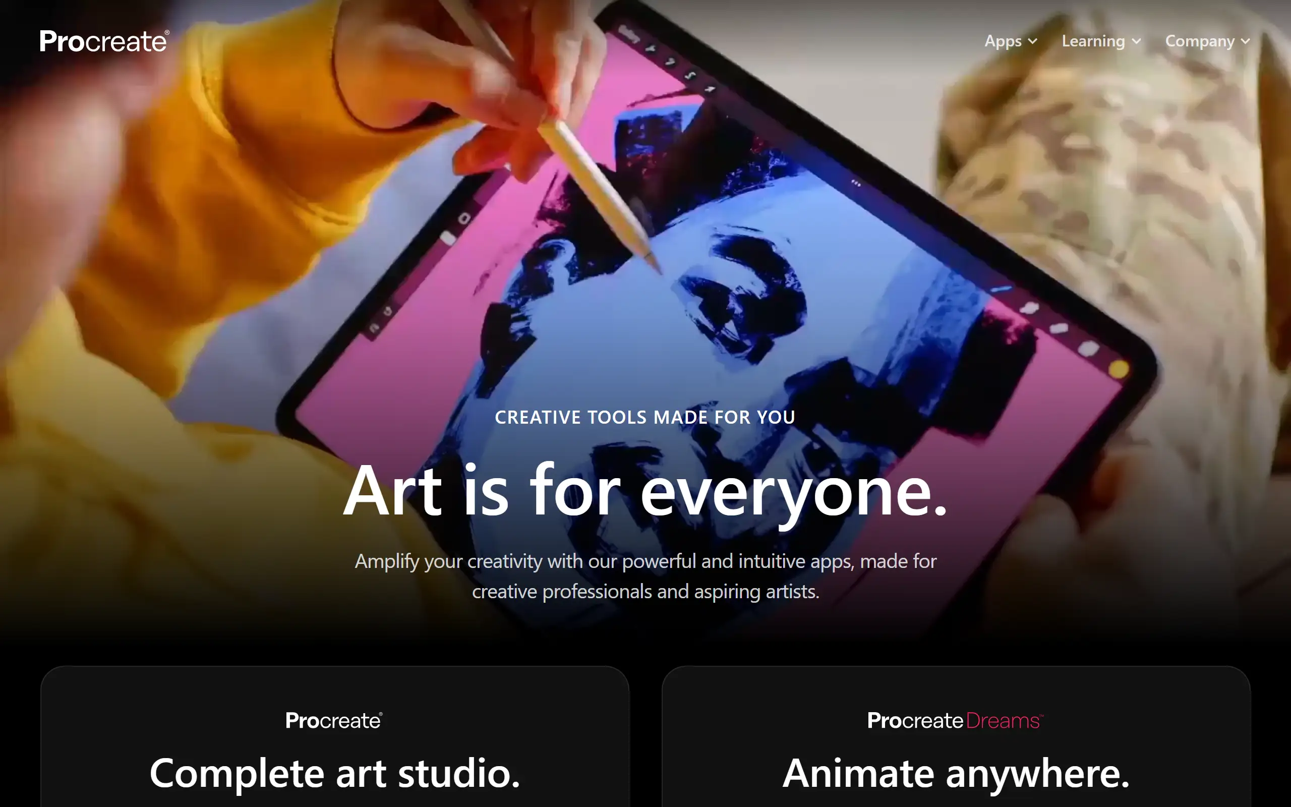 Procreate homepage showing Procreate, Procreate Dreams, and Procreate Pocket apps — all one-time purchases