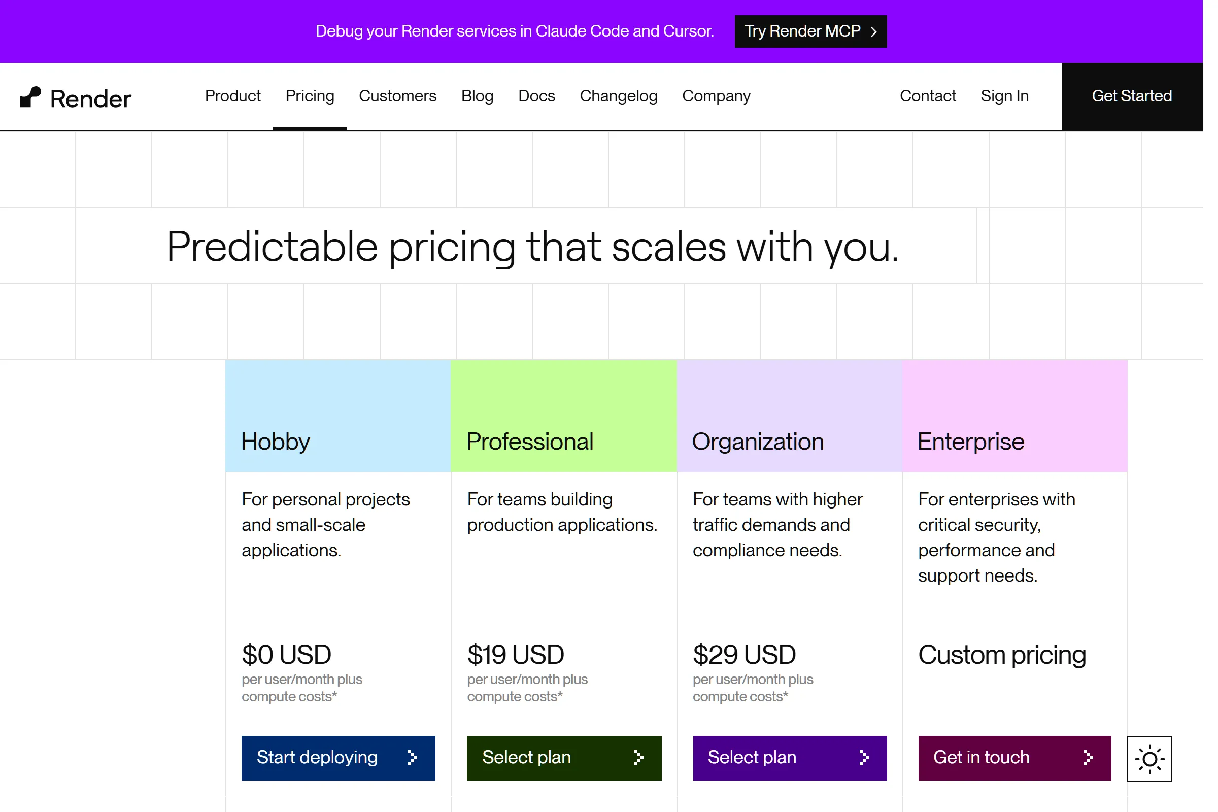 Render pricing page showing plan options and service pricing