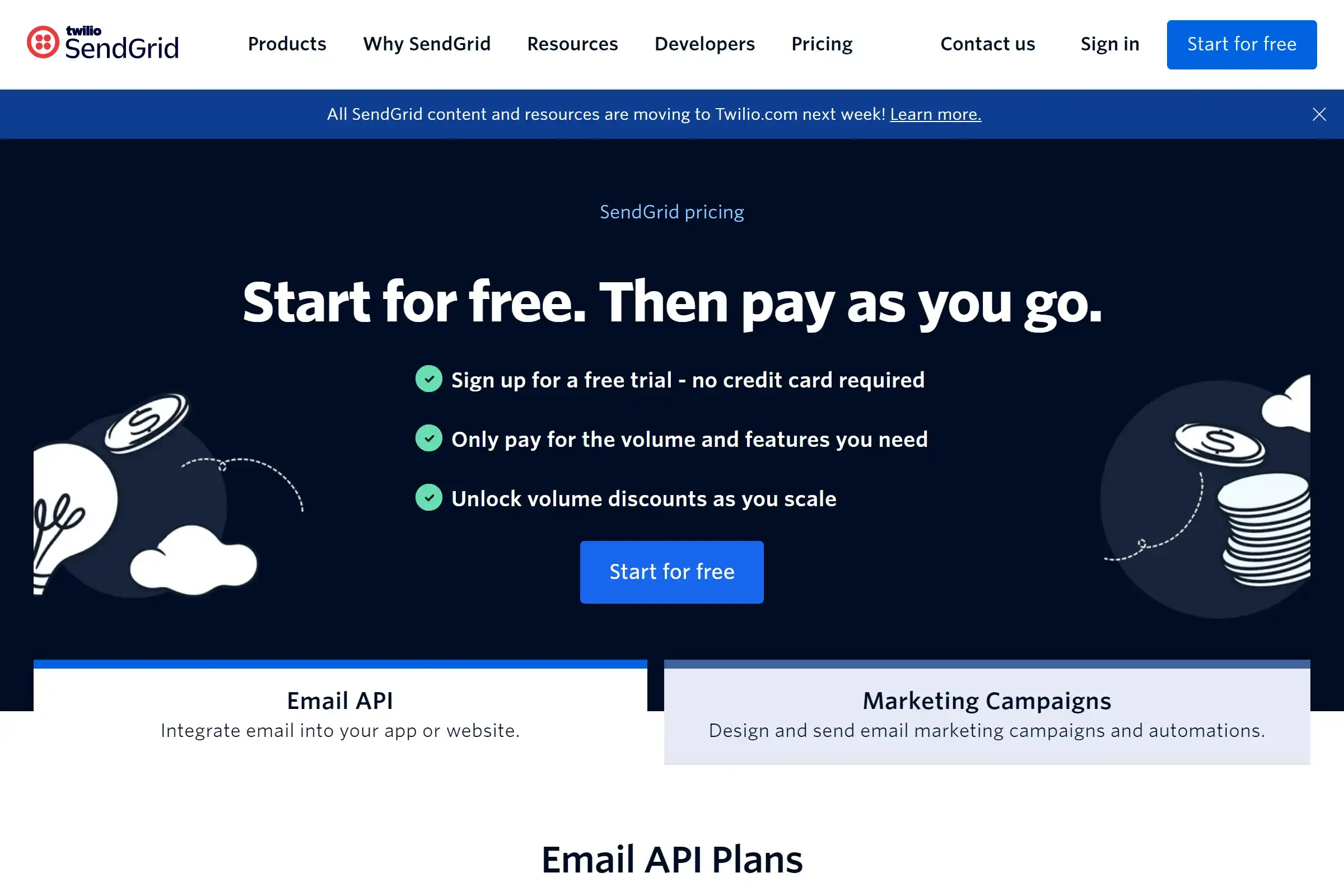 SendGrid pricing page showing Essentials, Pro, and Premier plans
