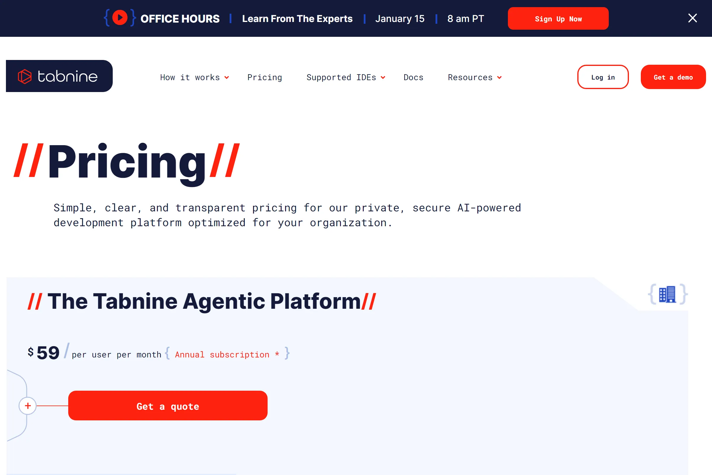 Tabnine pricing page January 2026