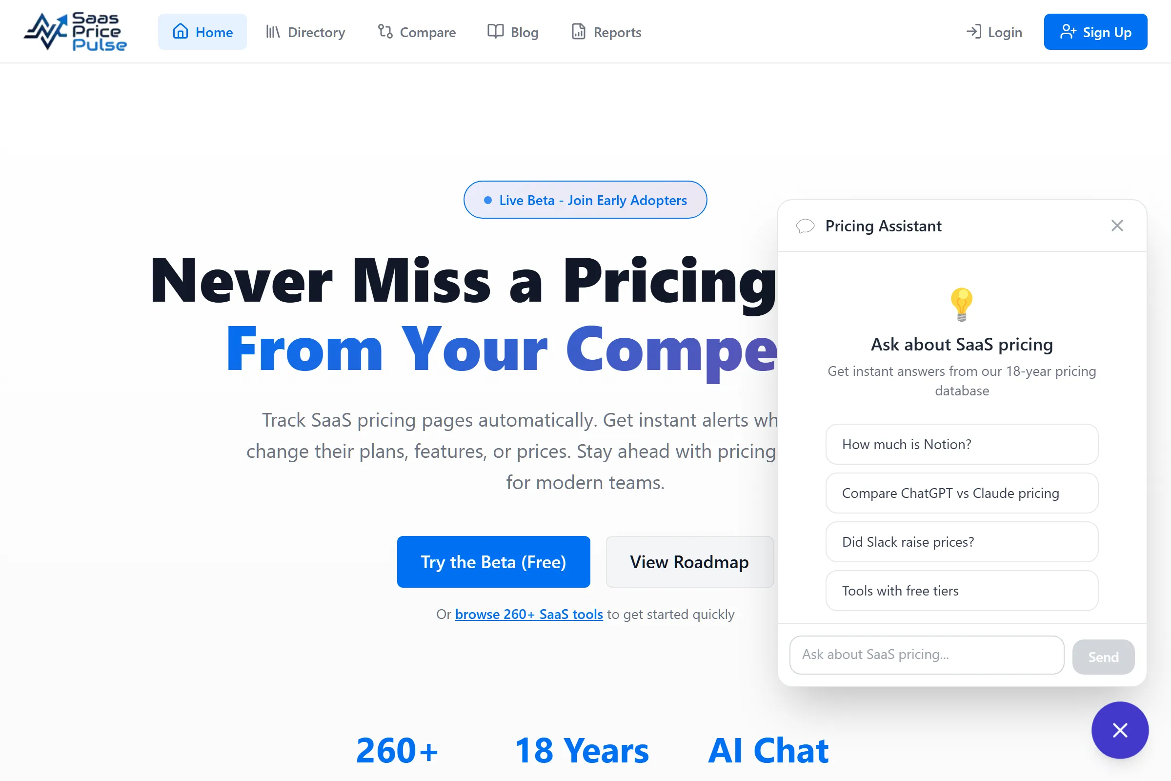 AI Pricing Assistant chat widget open showing the conversation interface