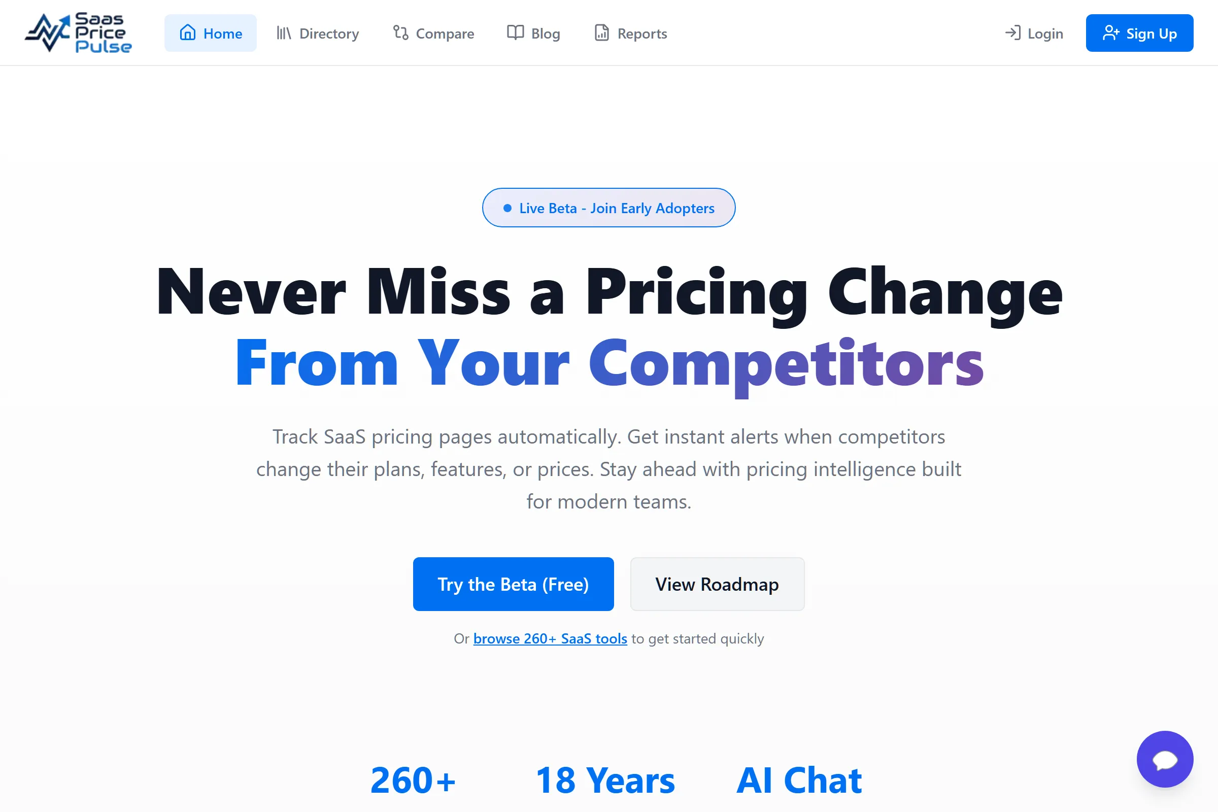 SaaS Price Pulse homepage showing the AI chat button in the bottom-right corner