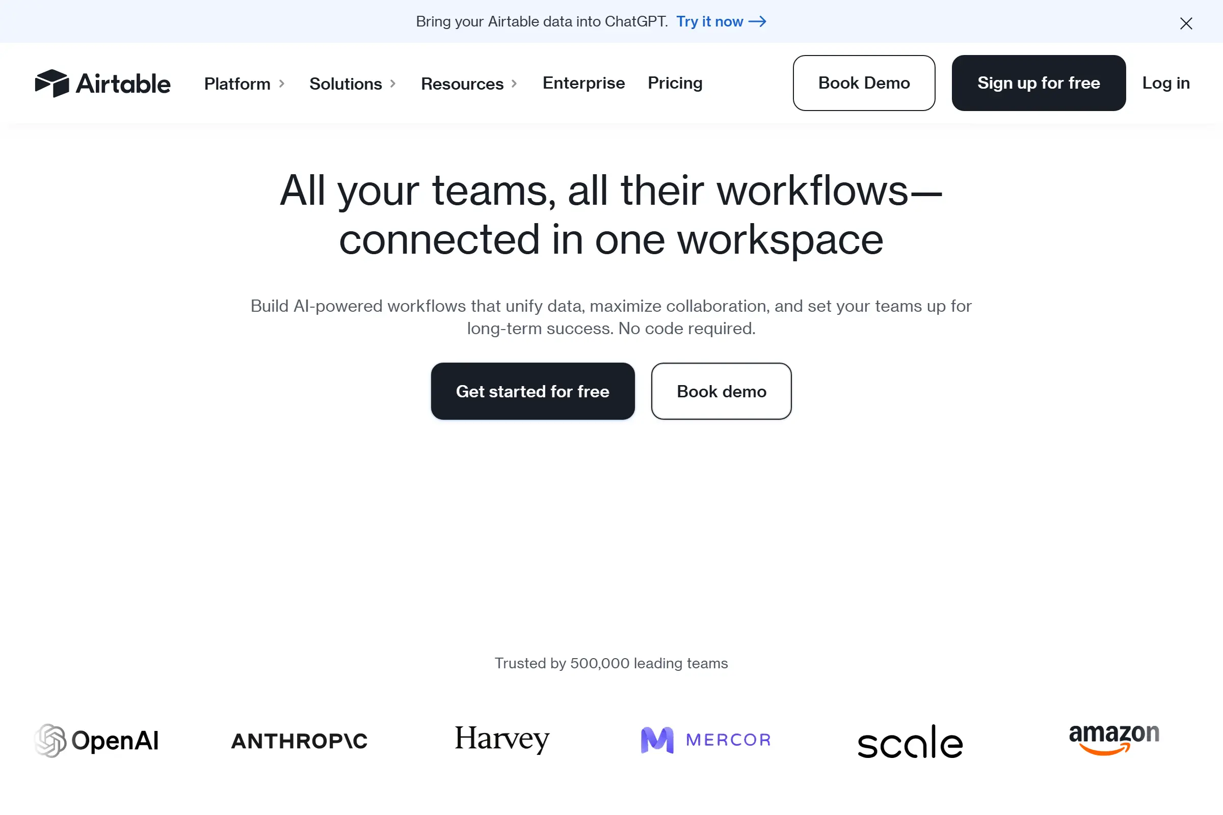 Airtable homepage showing the spreadsheet-database hybrid interface with views and automations
